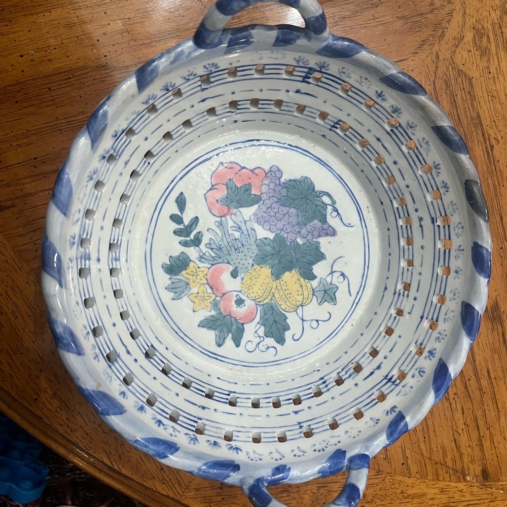 Hand-Painted Ceramic Basket with Floral Design